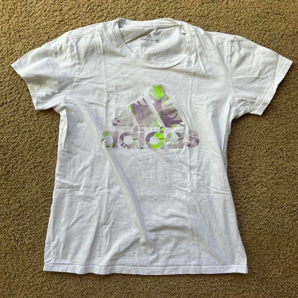 Womens sold out White‎ Adidas cotton tee with purple and green logo